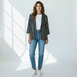 NYCC Striped Open Front Blazer Black White 3/4 Sleeve Professional Jacket Large